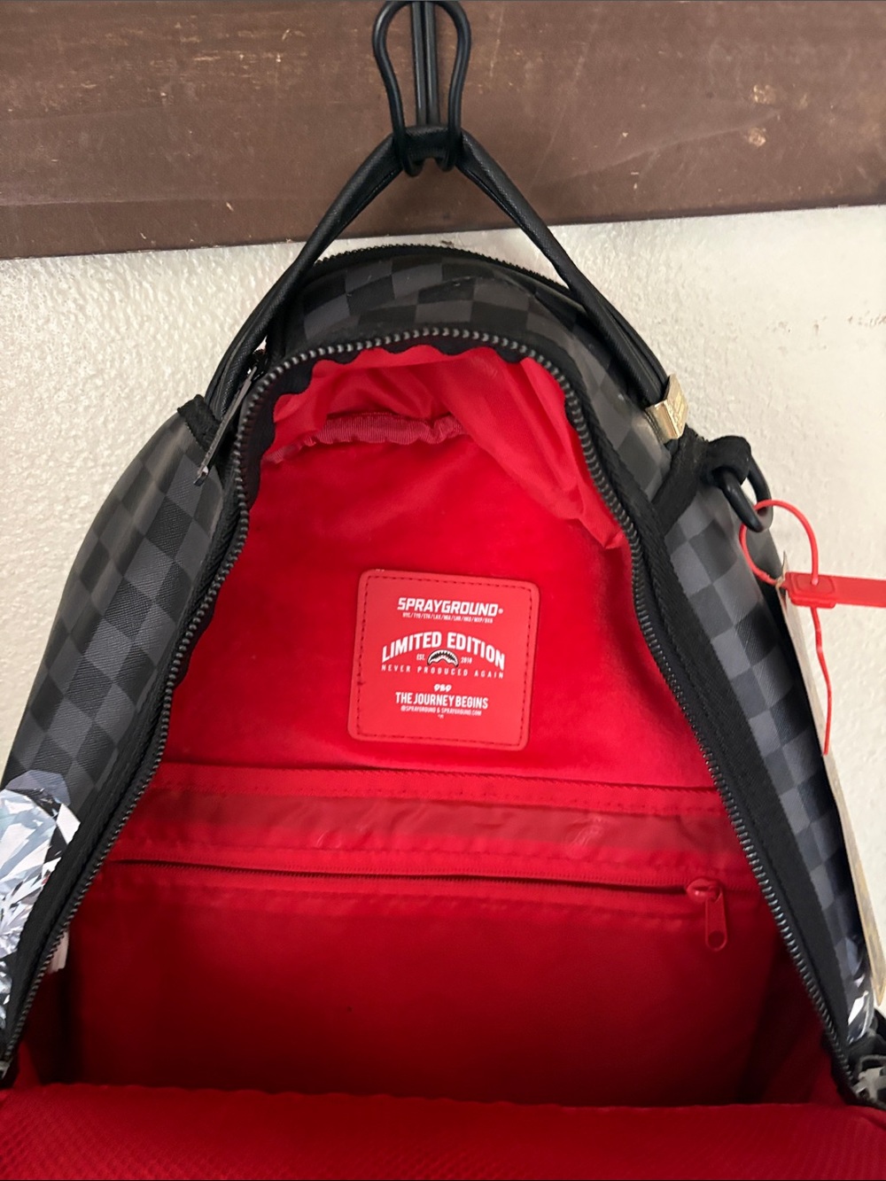 Sprayground Black Checker & Crystal Graphic Backpack with Red Trim - Picture 3 of 4
